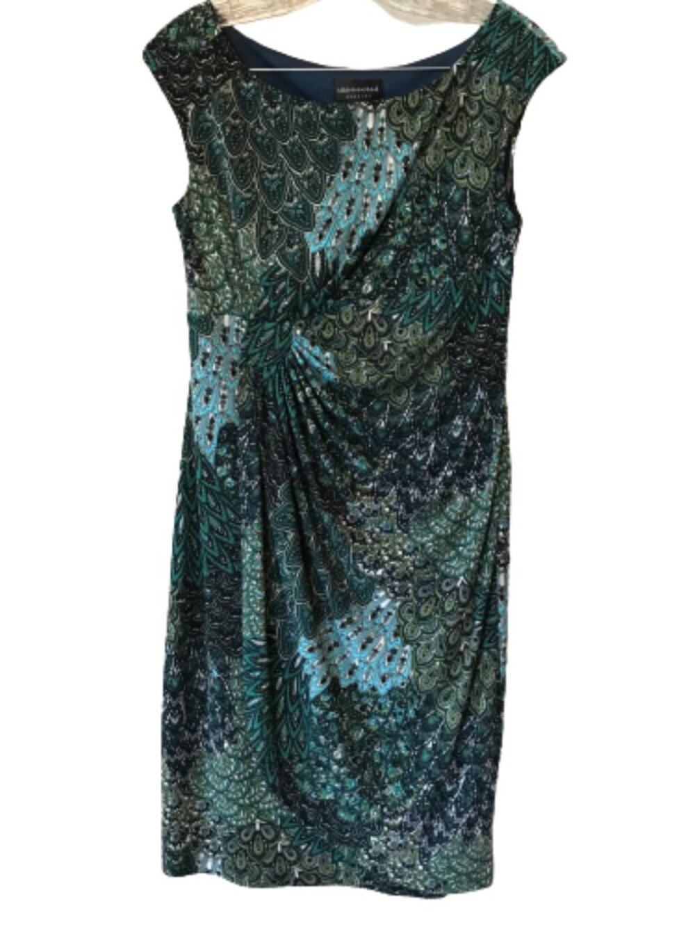 Connected Apparel Sleeveless Teal Turquoise Patterned Faux Wrap Dress Size 8